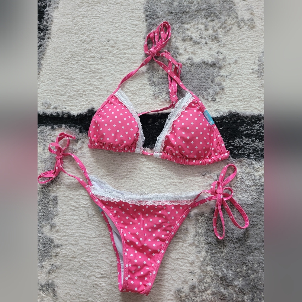 Dixxon Pink and White Polka Dot Lace Bikini